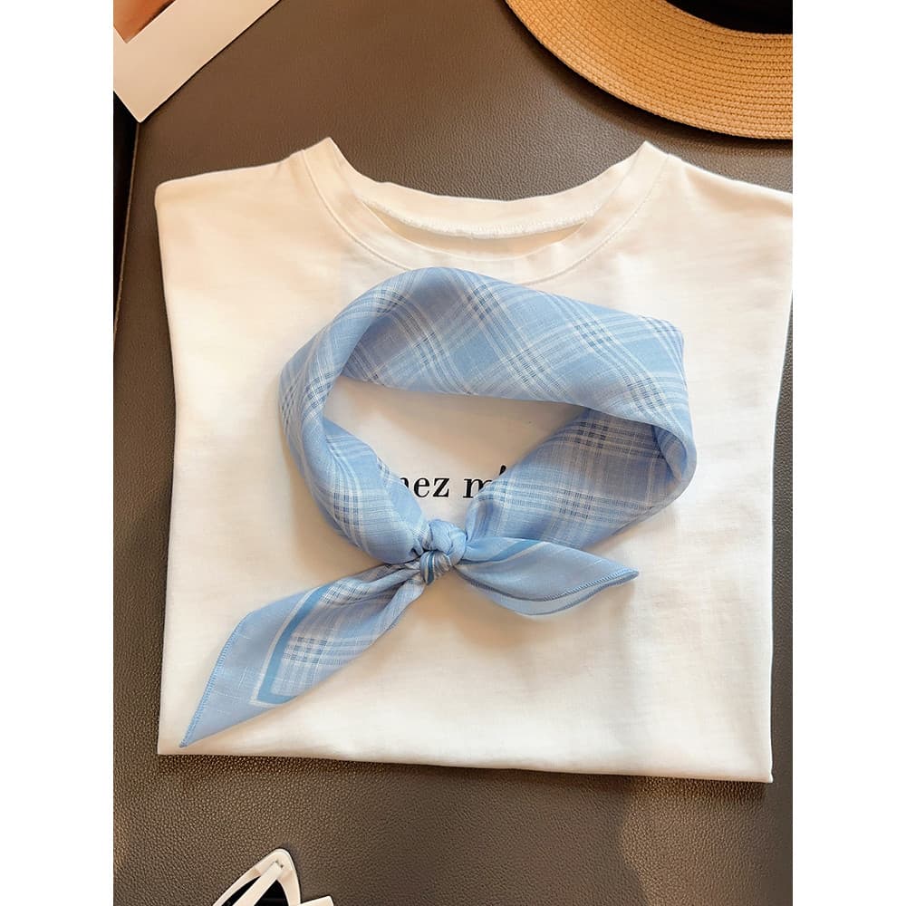 Azul literário xadrez curto pequeno cachecol quadrado feminino primavera verão combinando camisa moda cachecol bandana l