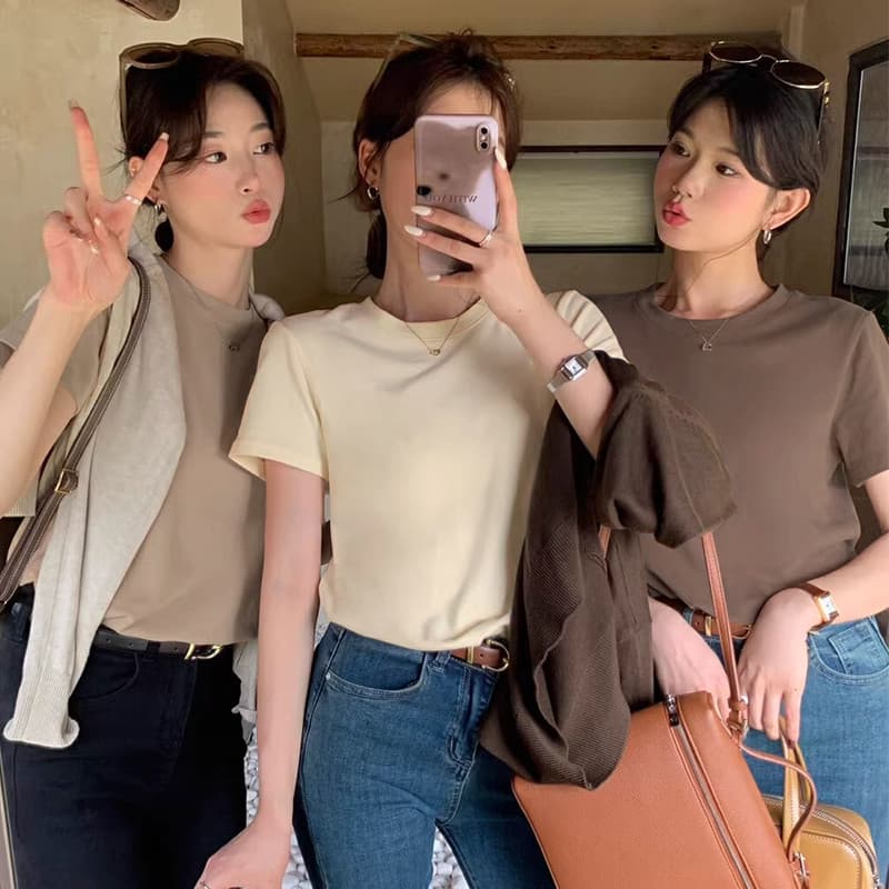 Retro Hong Kong sabor chique cor sólida manga curta camiseta feminina primavera verão frente ombro em torno do pescoço d