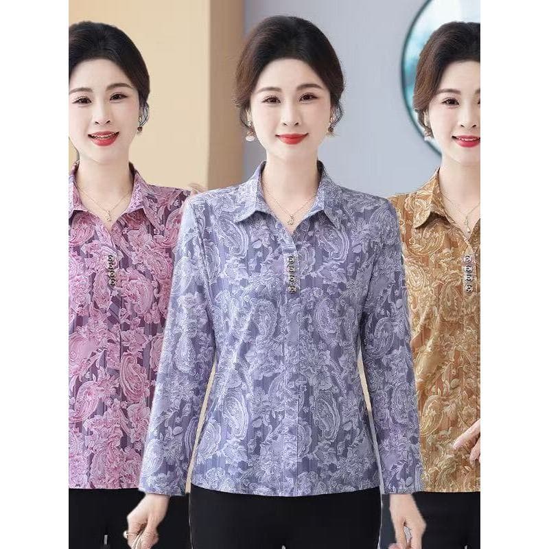 Mãe verão camisa gola topo novo estilo moda impressa pequena camisa t camisa de meia-idade idosos feminino fino de manga