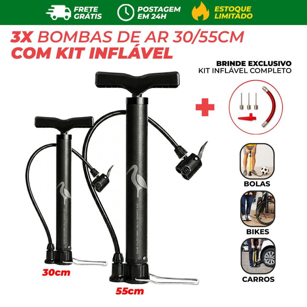 3 Bombas de Ar Manual FBG 30/55cm Kit com Bicos Adaptadores Para Moto Bike Bola Piscina Boias
