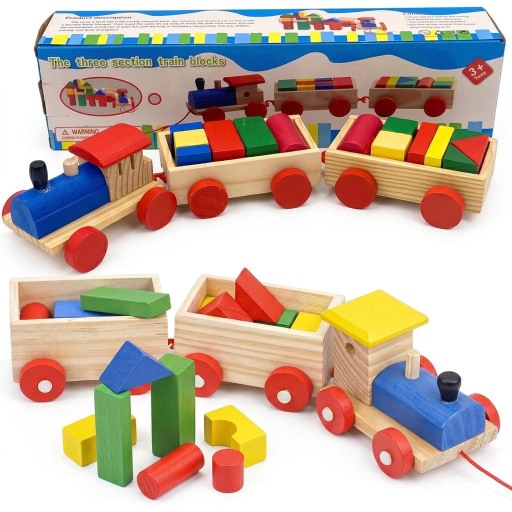 Trem De Madeira Educativo Brinquedo Pedagogico Montessori Blocos De Encaixe Infantil C/ Cordao Puxar