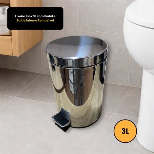 Lixeira Inox Pedal 3 Litros Balde Interno Removivel Duravel Moderna Cozinha Escritório