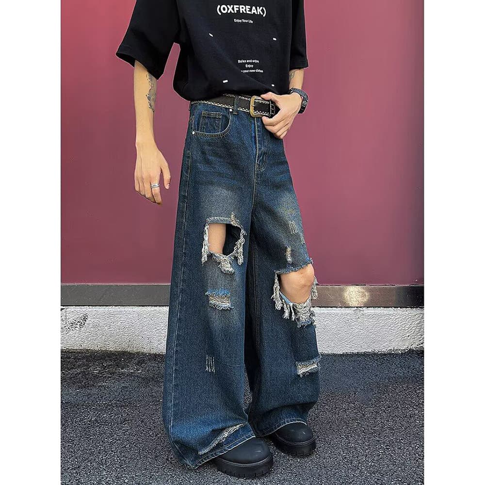 Cleanfit americano Retro angustiado rasgado escovado Design nicho esfregando Jeans High Street solto calças de perna lar
