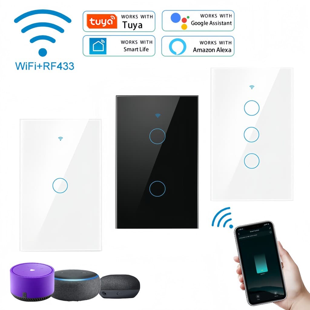 Interruptor WiFi Inteligente Tuya Toque de Parede 1/2/3/4 Botões, Compatível com Alexa e Google Home