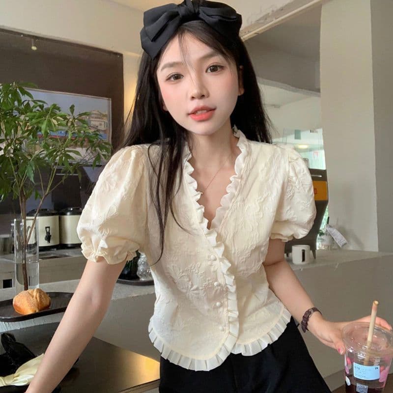 Camisa francesa de manga bufante com decote em v, Design feminino, nicho, verão, novo estilo, Top curto chique de alta q