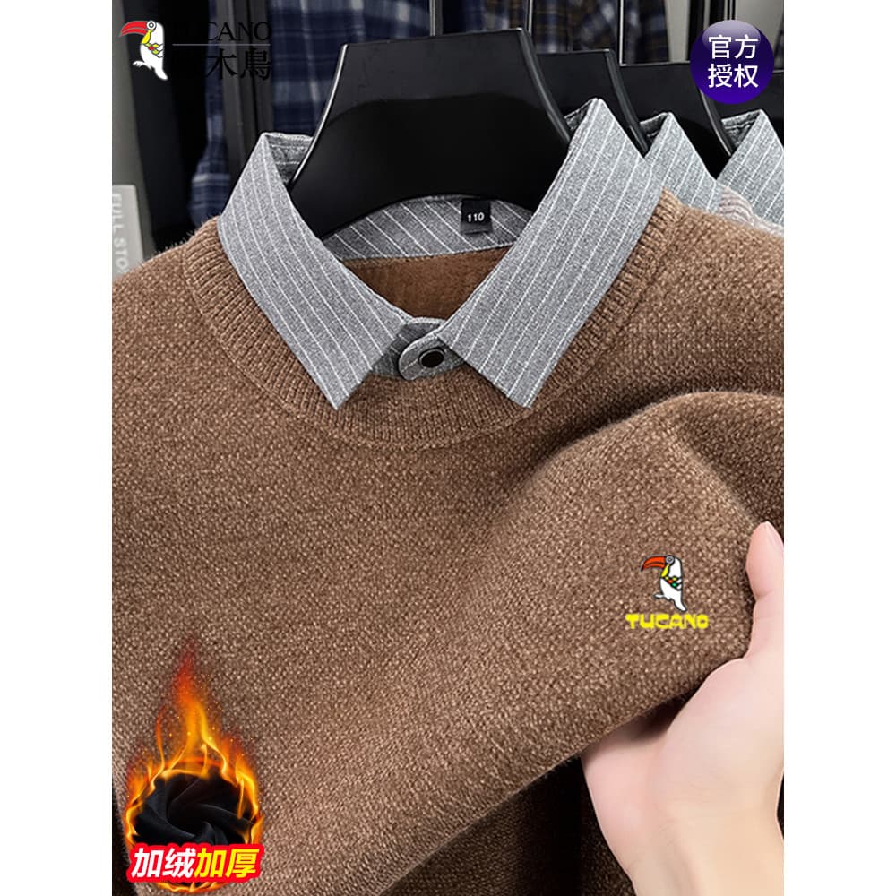 Woodpecker furão velo camisola masculina inverno falso forro de lã de duas peças engrossado quente médio @-