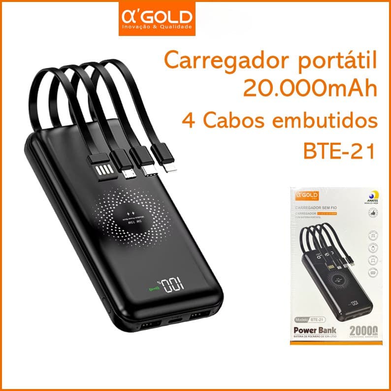 Bateria Portátil Power Bank 20.000mAh 3.1A Allta Velocidade A'GOLD BTE-21