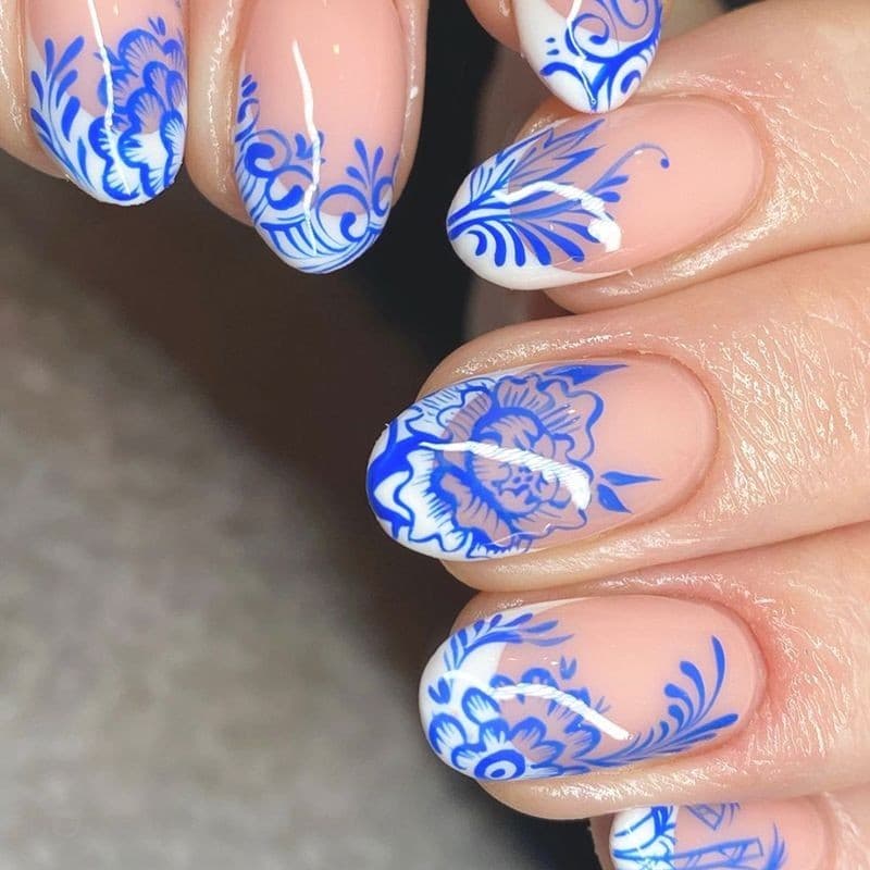 Estilo chinês cabeça redonda azul branco porcelana padrão Morandi cor flor Totem vestindo unhas moda unhas falsas