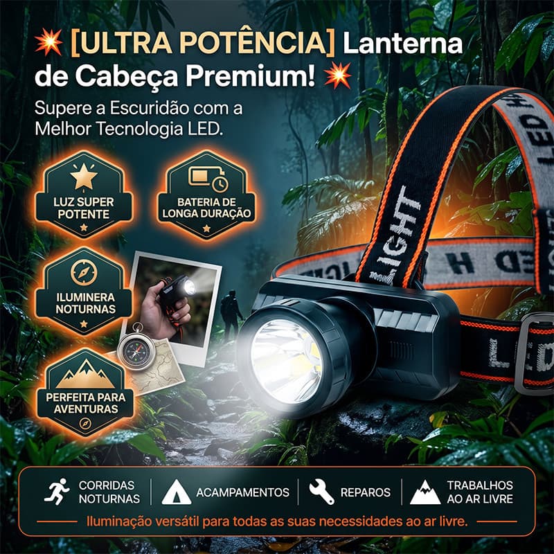 Lanterna frontal premium luz super forte resistente para trabalho externo caminhadas noturnas pesca e atividades de acam