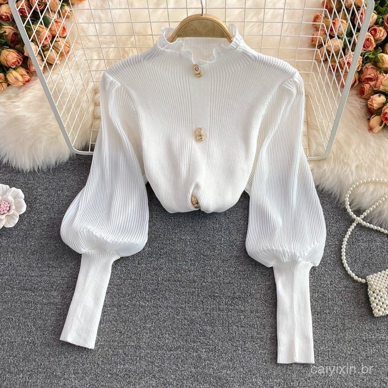 Camisa de Chiffon com Gola Alta de Renda para Primavera e Outono, Moda Feminina Estilo Coreano, Suéter Tricotado com Det