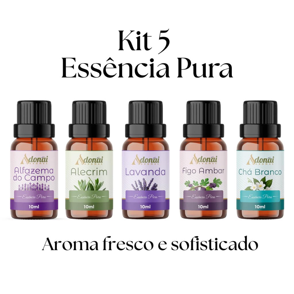 Kit 5 Essência Aromática Pura Aroma Fresco Casa Limpa Alfazema Alecrim Lavanda Figo Ambar Chá Branco P/ Difusor