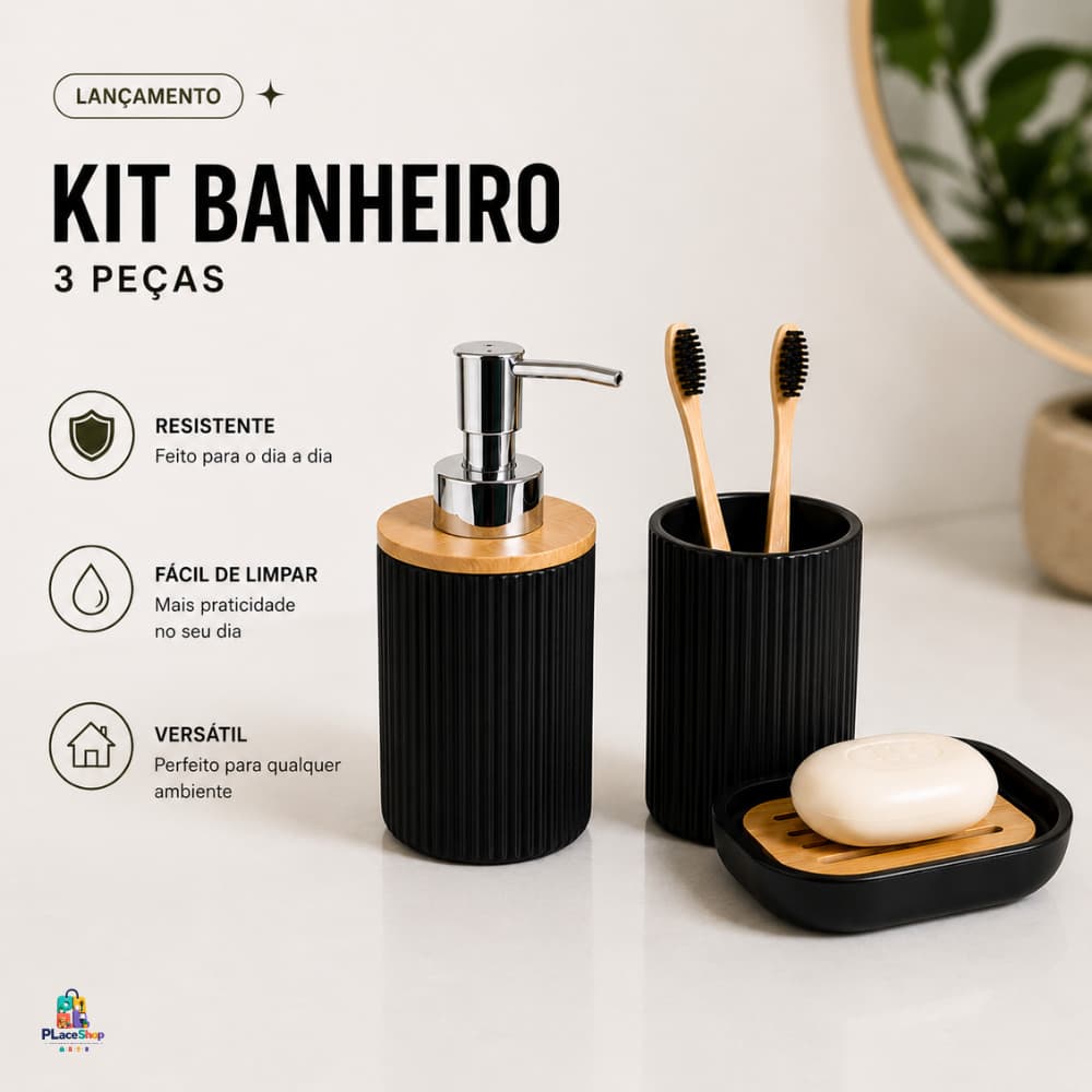 Kit Lavabo 3 Peças Conjunto de Pia e Banheiro – Bandeja Organizadora Saboneteira, Dispenser e Porta Escovas