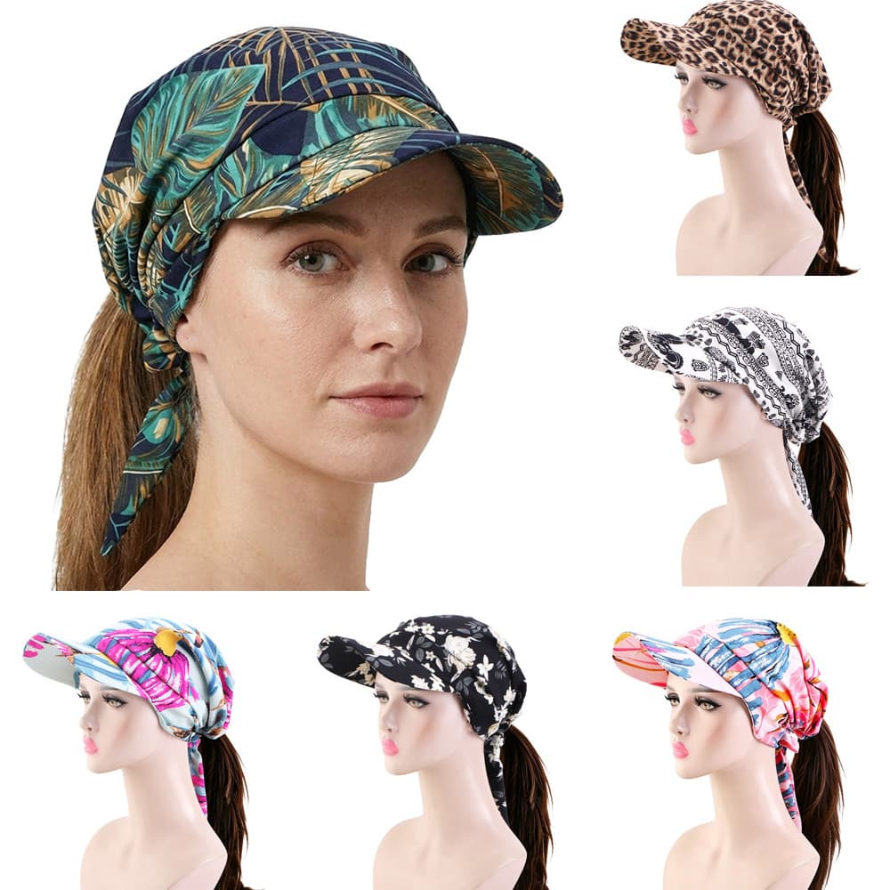 Multi Leopardo Floral Impresso Lenço De Cabeça De Aba Chapéu Gravata Traseira Rabo De Cavalo Amigável Boné De Sol Quimio