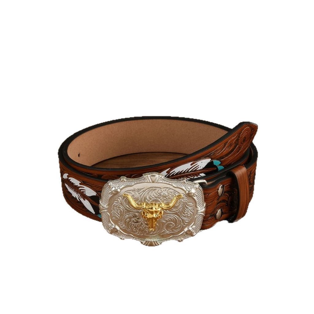 [Design Exclusivo] Cinto Retro Esculpido Com Fivela De Touro, Cinto Cowboy Ocidental, Cinto Masculino/Feminino