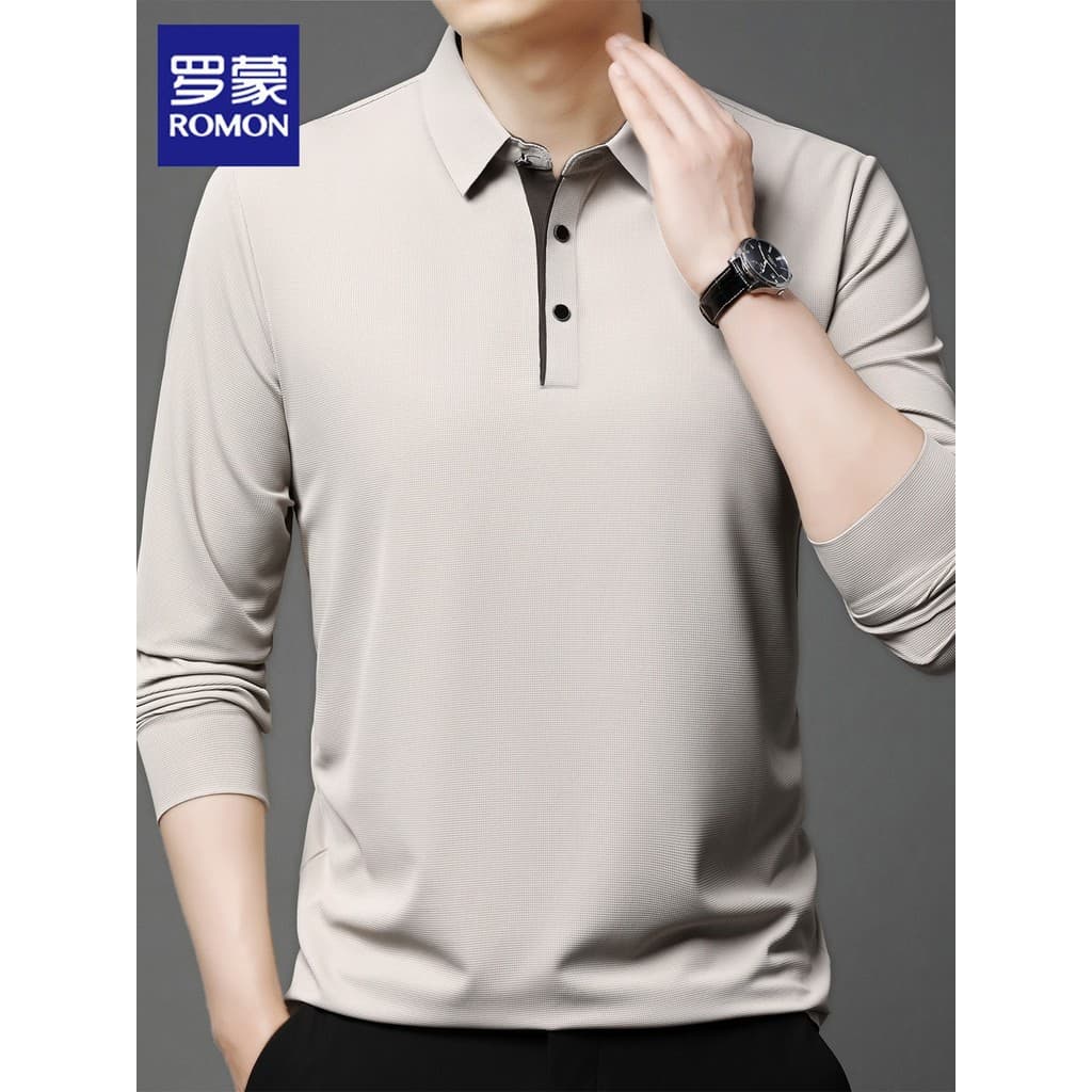 Lomon camiseta de manga comprida masculina outono novo estilo lapela Bottoming roupas superiores High-End negócios Casua
