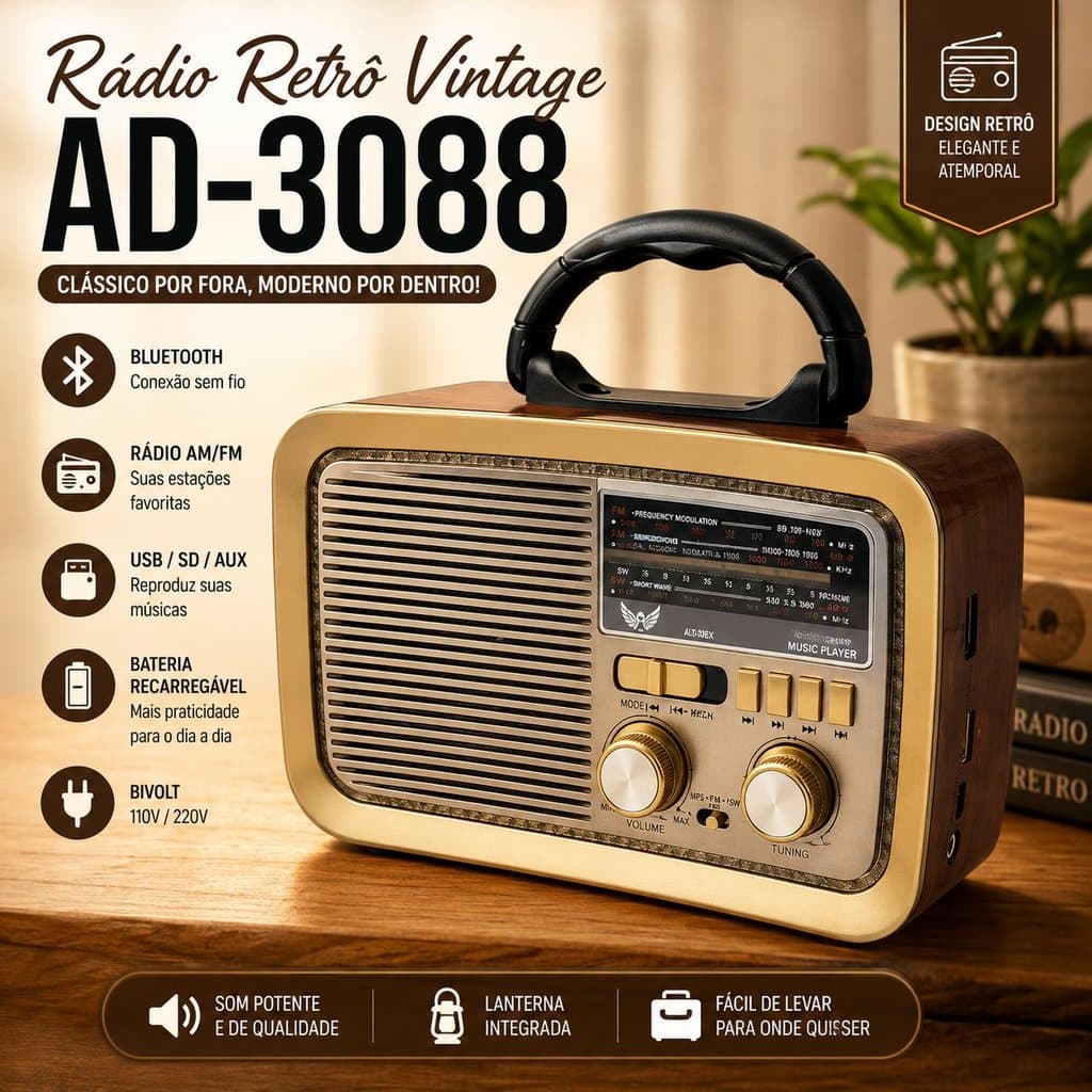 Rádio Retrô Vintage Altomex AD-3088 Bluetooth AM FM USB Cartão SD Recarregável Portátil Estilo Clássico