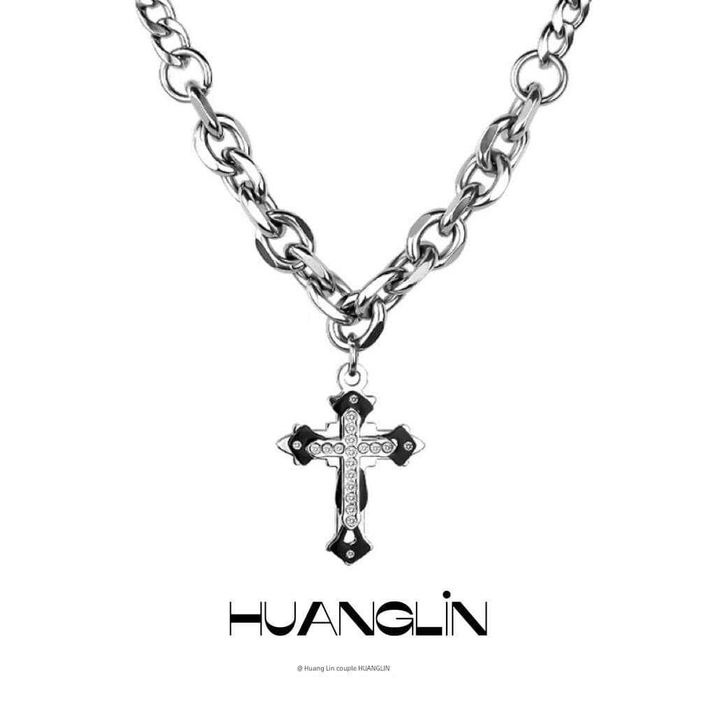 Colar Feminino Corrente Cubana Feminina Colar Corrente Fina Colar de Hip Hop estilo escuro de aço titânio cruzado Ins