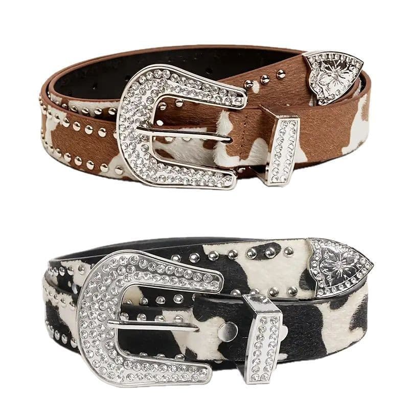 Cinto Feminino Estilo Cowboy com Padrão de Vaca e Fivela de Strass UNEG