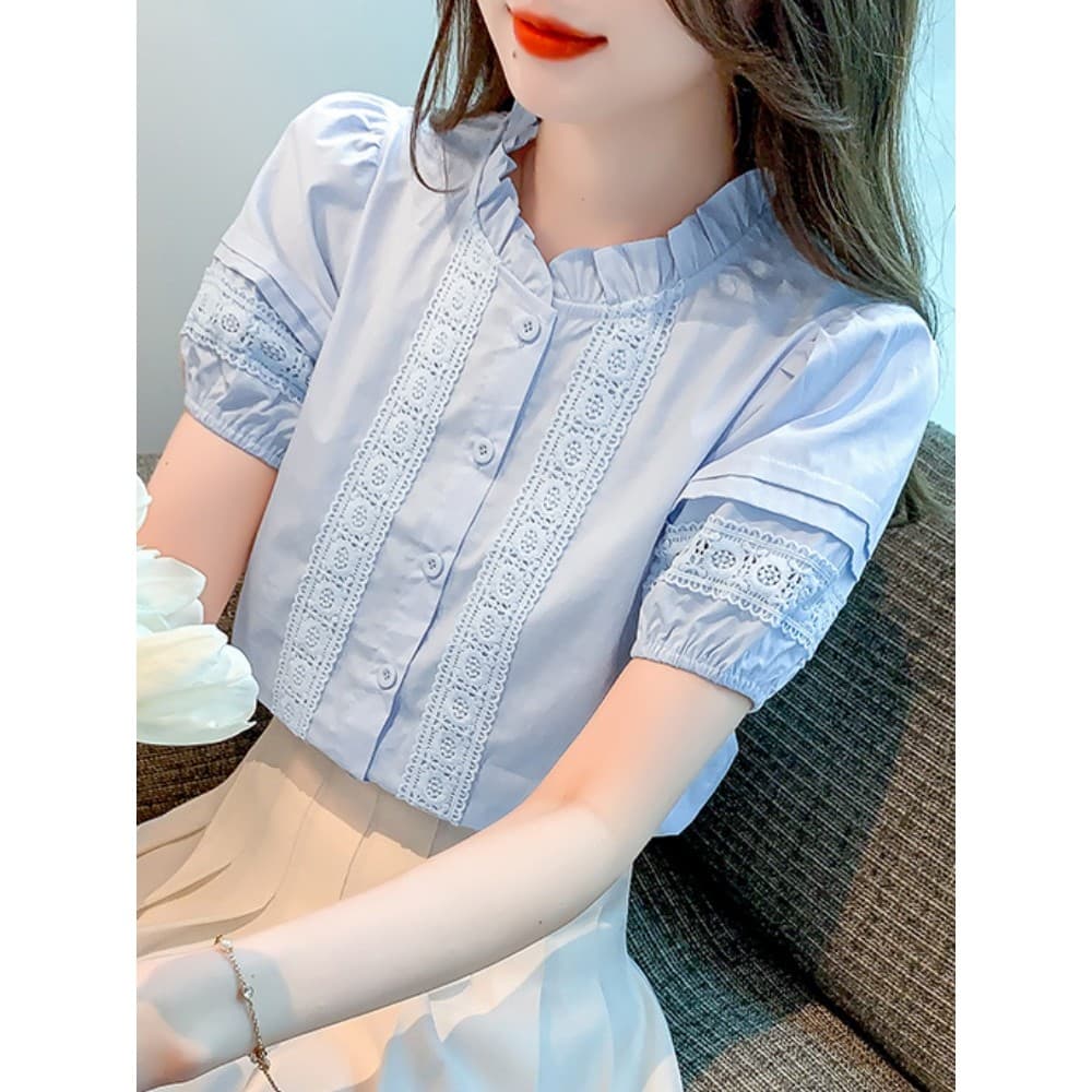 Verão 2025 novo estilo feminino babados gola alta camisa de algodão puro feminino moda algodão de manga curta Design nic