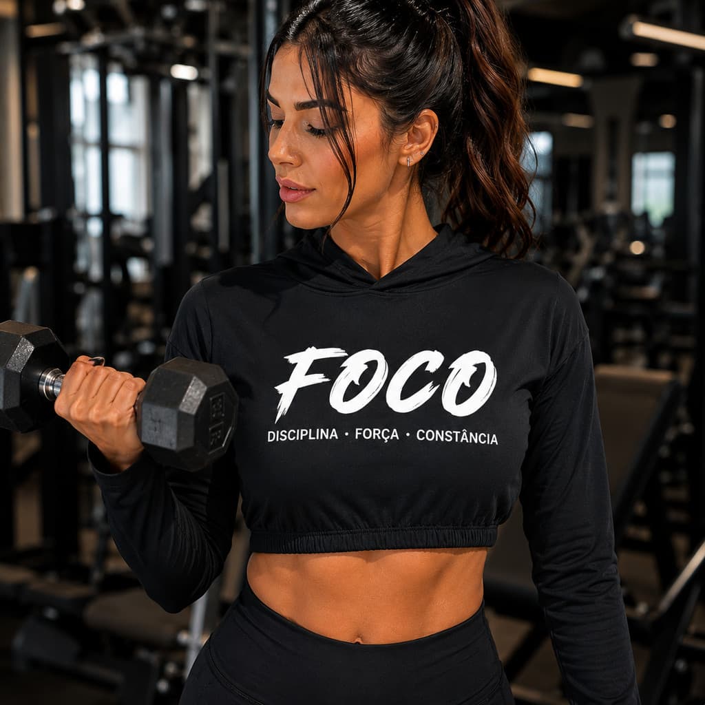 Blusa Feminina Croped Com Elástico e Capuz Fitness