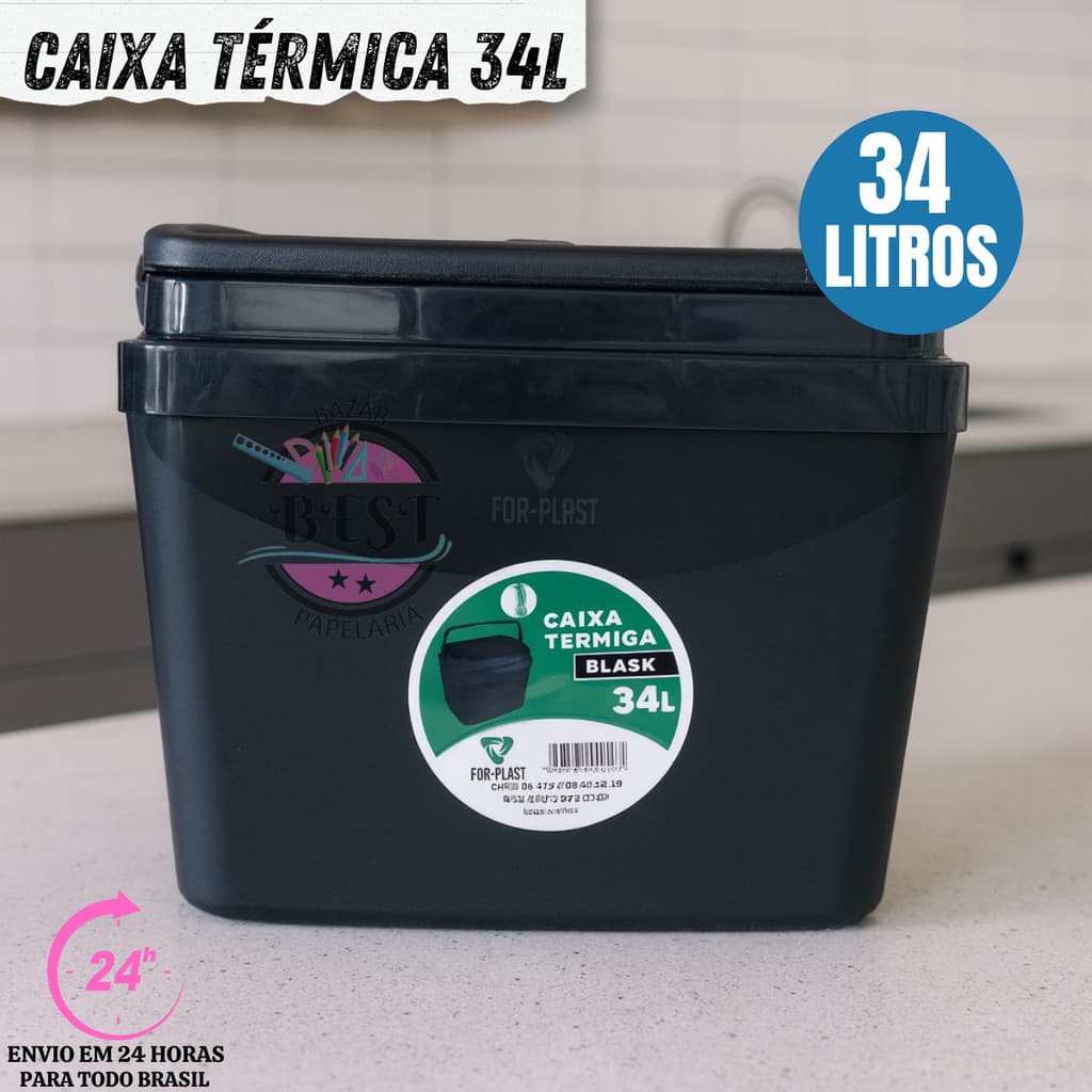 Caixa Térmica Cooler Resistente  Com Alça 34 Litros Black Tampa Com Porta Copos Praia Camping