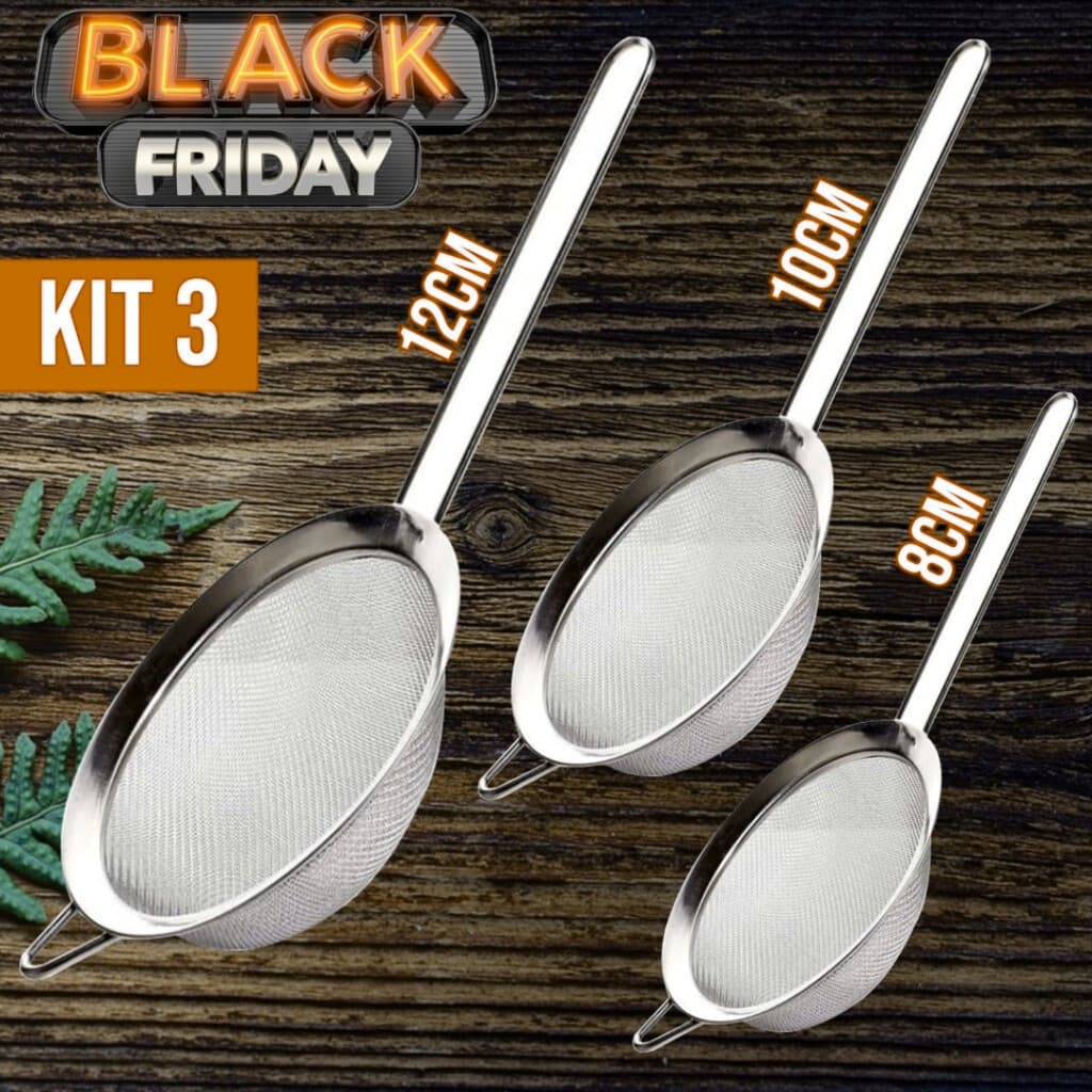 Kit 3 Peneira Coador de Aço Inox Utensílios de Cozinha Peneiras de 3 Tamanhos
