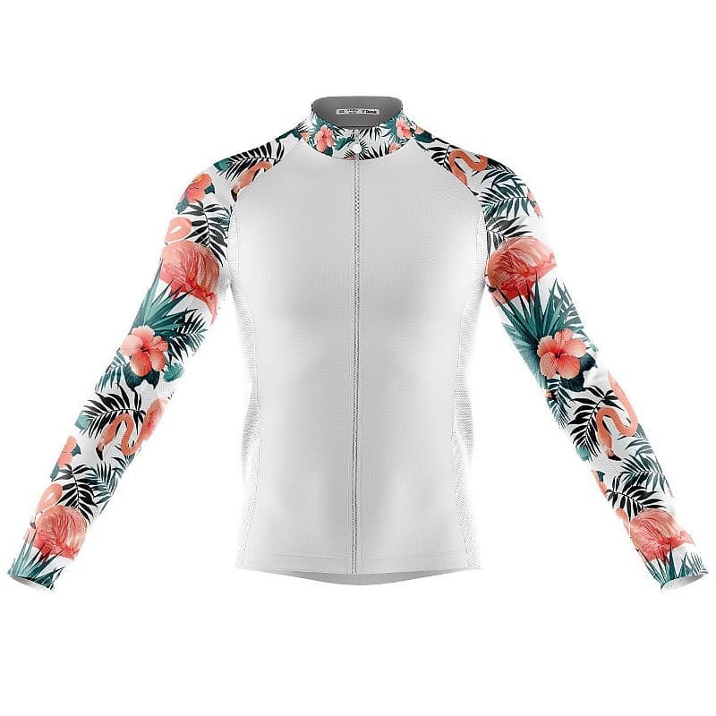 Camisa Ciclismo Floral Flamingo Longa Full Ziper Branca Mtb