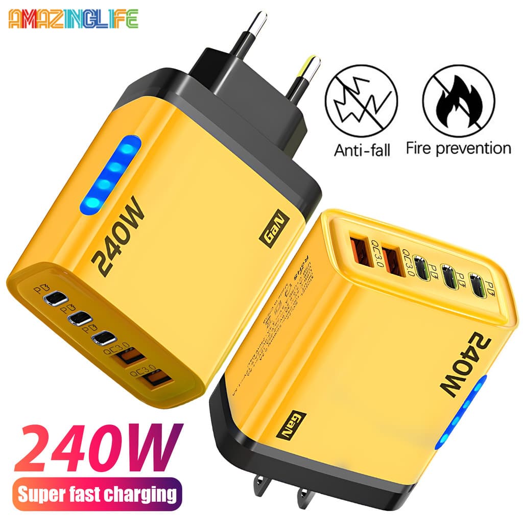 240W 5 Em 1 GaN Carregador De Mesa Adaptador De Carregamento Rápido 10A USB Para Cabo TypeC 3PD 2USB Telefones E Laptops