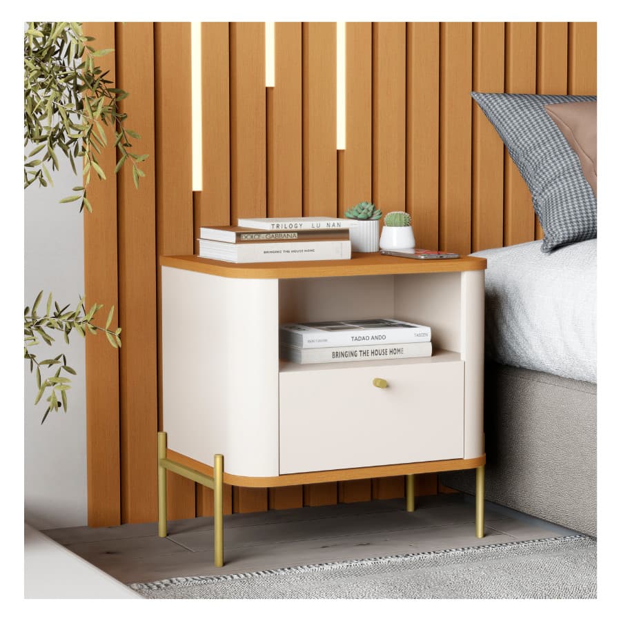 Mesa de Cabeceira Tucupí Slim Off Nature Dourado JB Bechara Moderna Luxo para Quarto Elegante