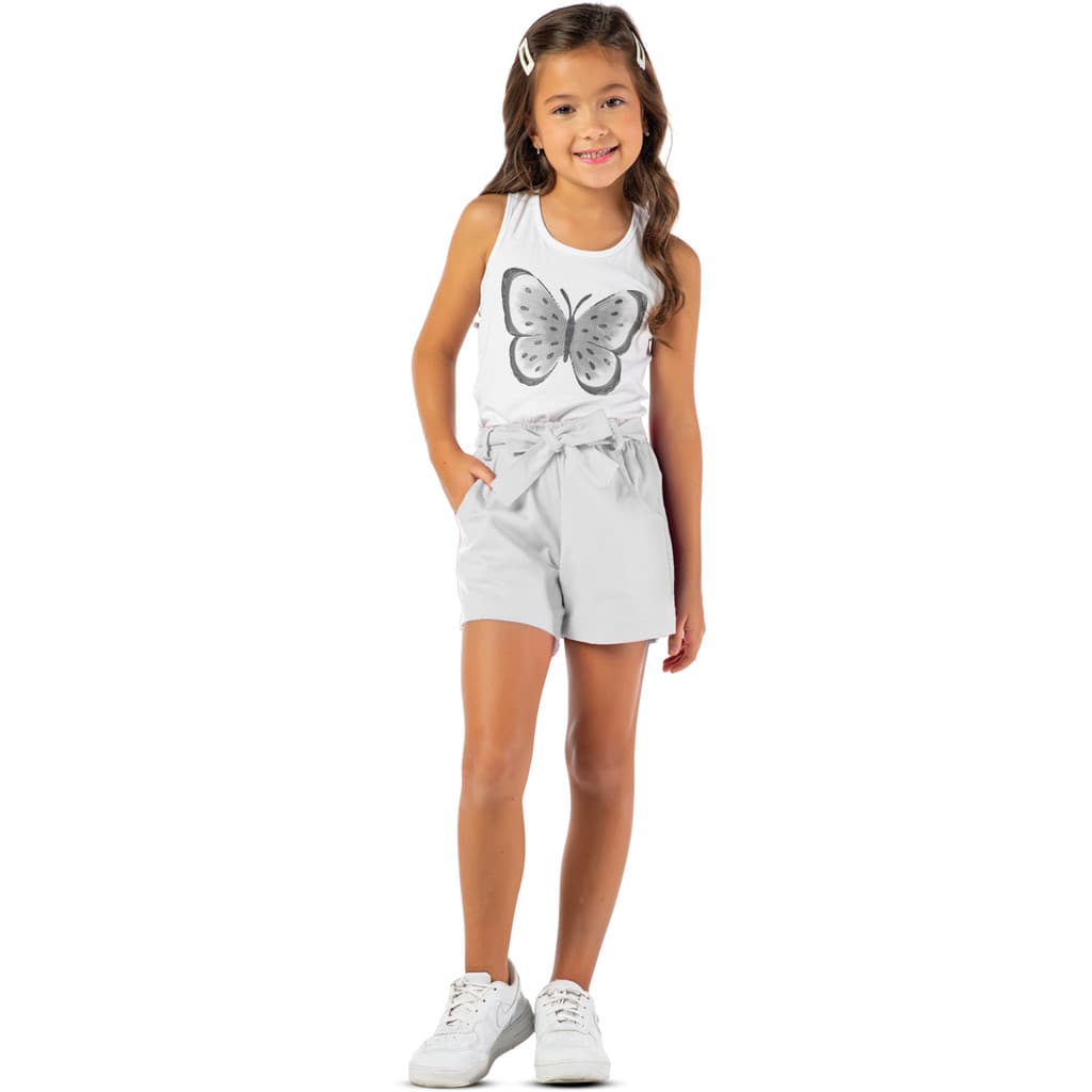 Short Infantil Menina Branco Algodão com Cinto Laço