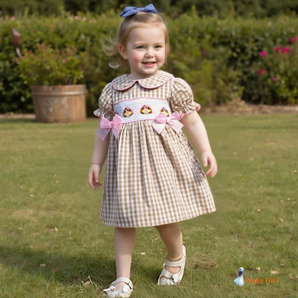 Mellifluous-Vestido Infantil Feminino Com Estampa Xadrez De Peru Bordado Puff Manga Curta Gola Boneca