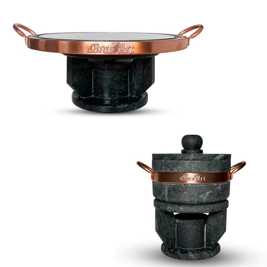 Kit Grelha 32 Cm Para Carne com  Fogareiro + 1 Fondue De Pedra Sabão 800 Ml Queijo e Chocolate Noite Romantica