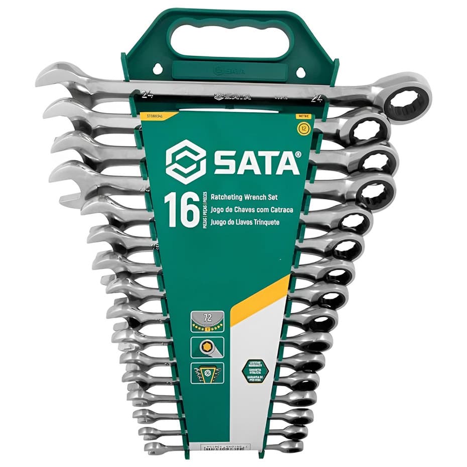 Jogo de Chave Combinada com Catraca 8mm a 24mm com 16 Peças Sata