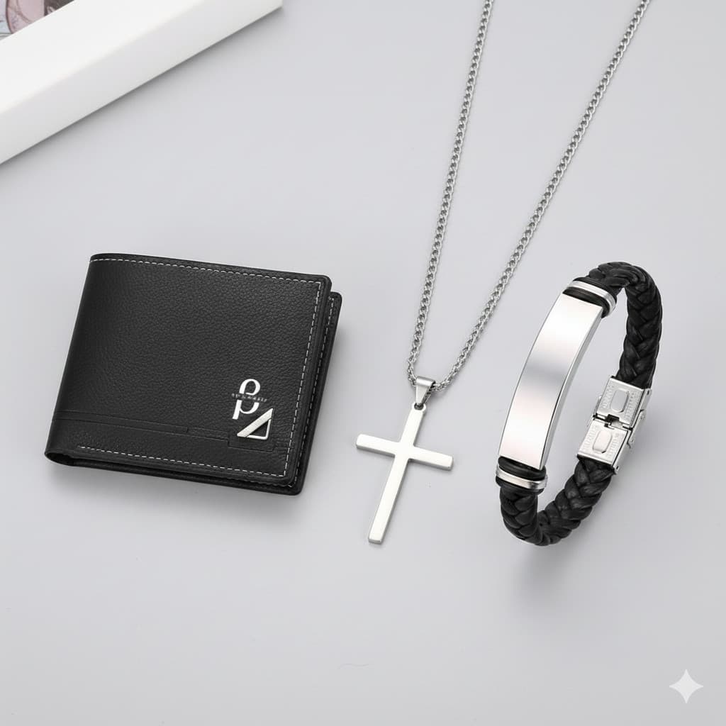 KIT 3 Peças Masculino: Carteira Premium + Colar Cruz + Pulseira Couro Aço Inox