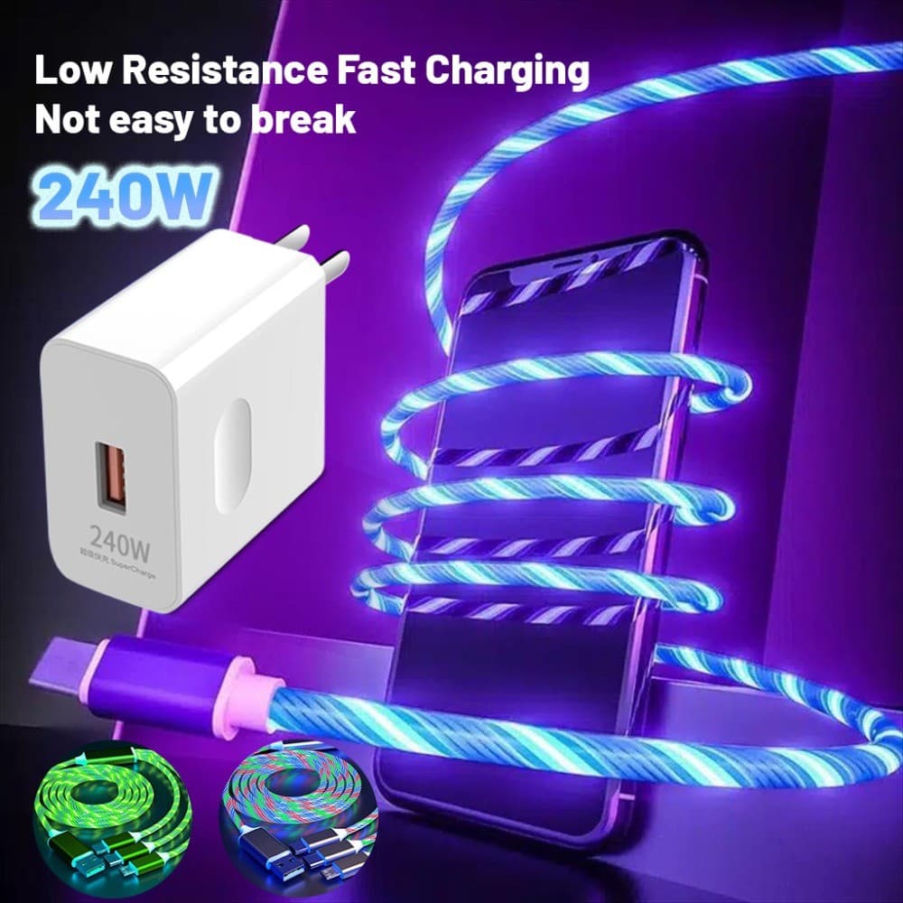Carregador Rápido De 240 W Com Cabo USB De Luz Fluida LED 3 Em 1 Para Cabos De Carregamento Micro IOS Streamer Tipo C JJ