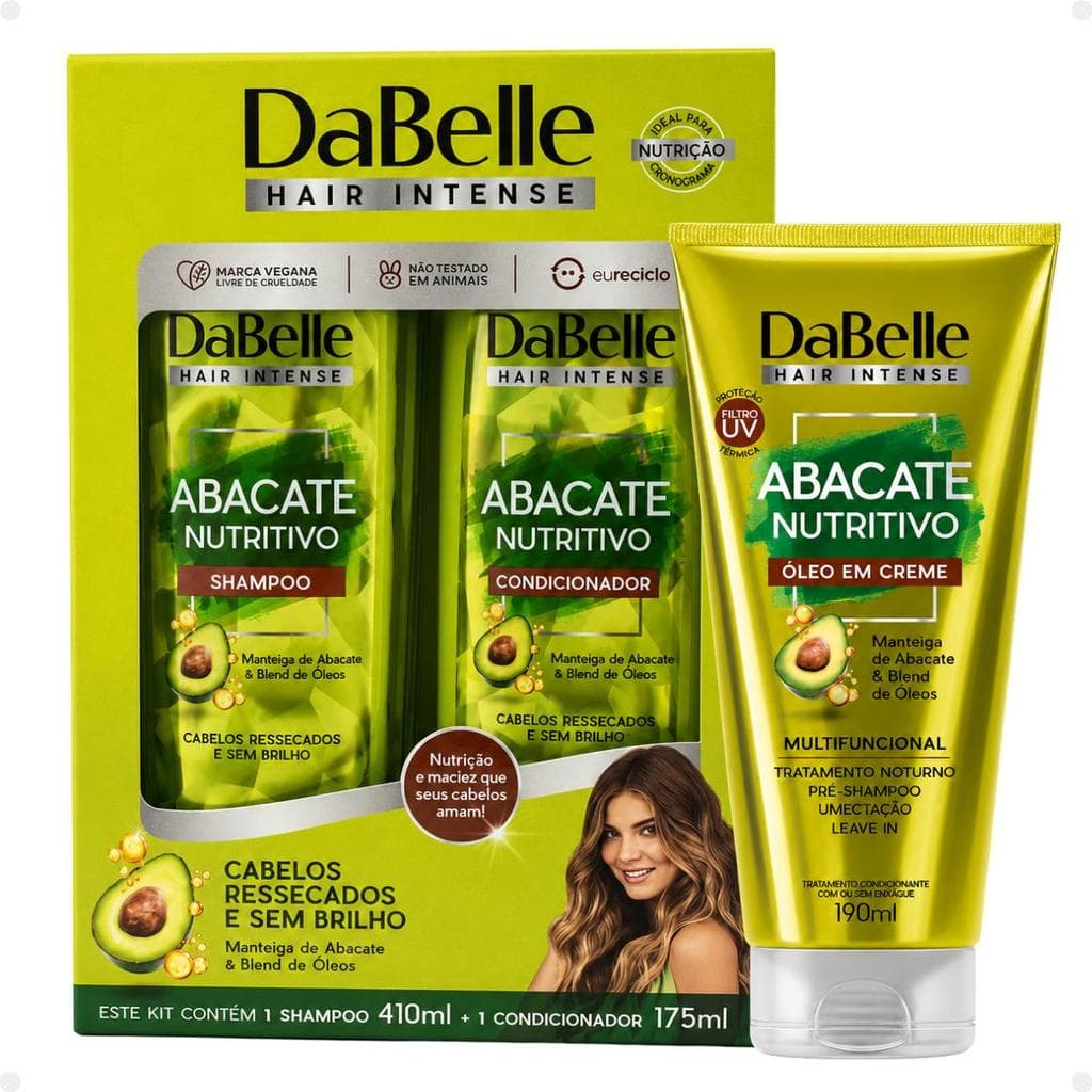 Kit DaBelle Abacate Nutritivo: Shampoo 410ml e Condicionador 175ml+ Óleo Em Crem 190ml