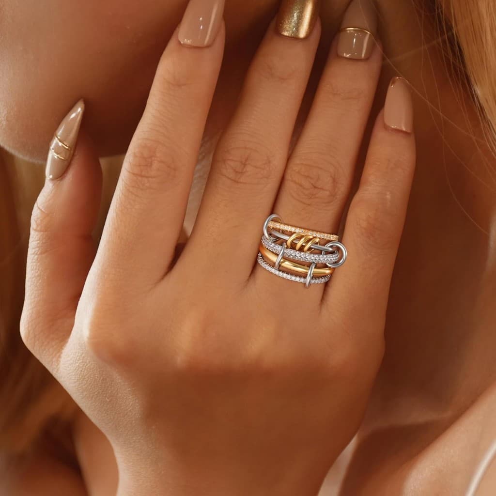 Novo anel com zircônias cúbicas empilhadas, em ouro 18k e cobre, espesso e de alto brilho, anel bicolor em ouro e prata.