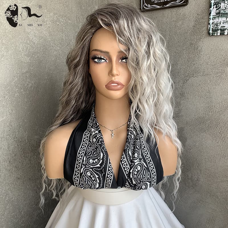 Atacado gradiente crânio peruca Lamei Natural feminino encaracolado europeu americano cinza alto cabelo encaracolado mod