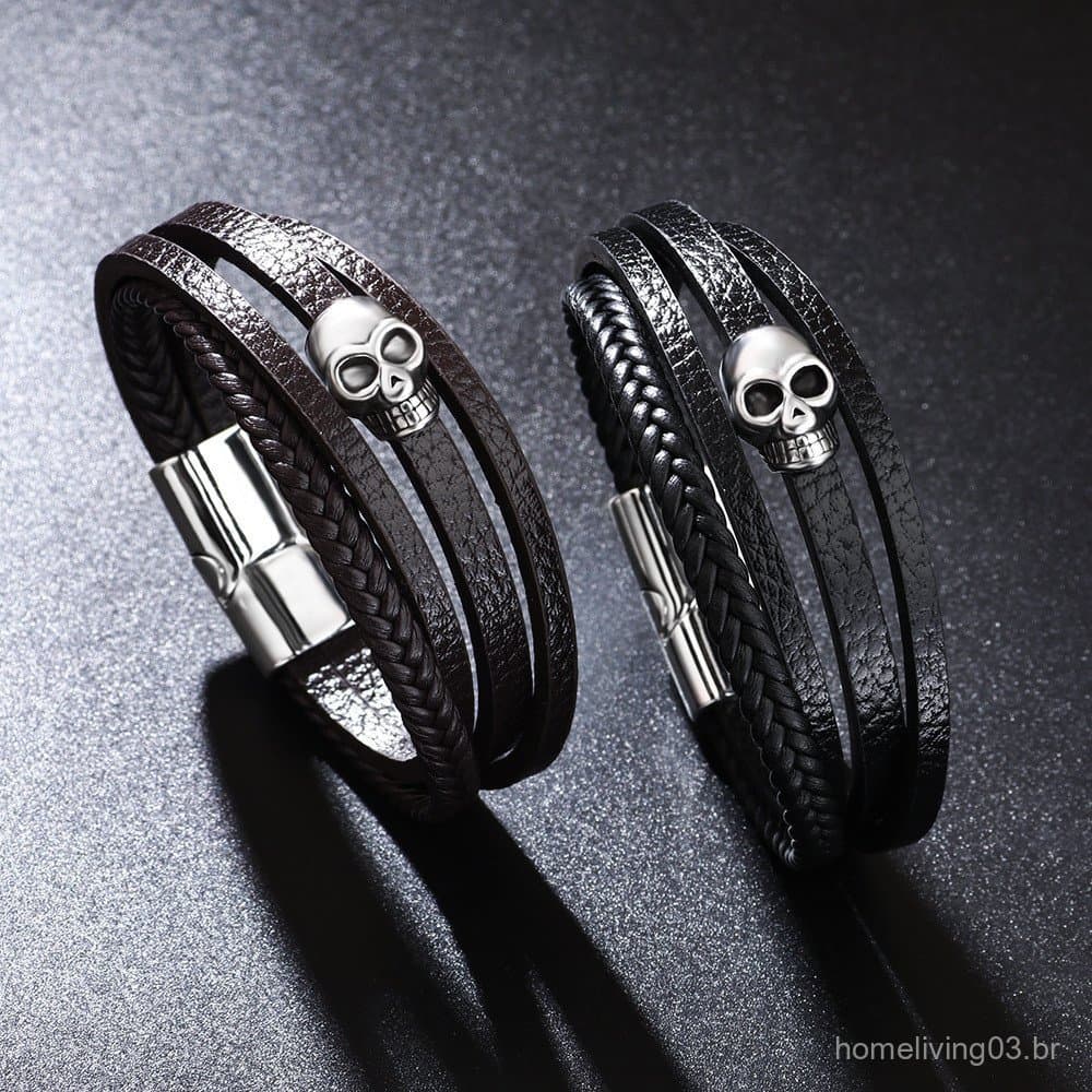 Pulseira de Caveira Popular Estilo Punk, Bracelete de Caveira Maléfica com Fecho Magnético de Liga HIET