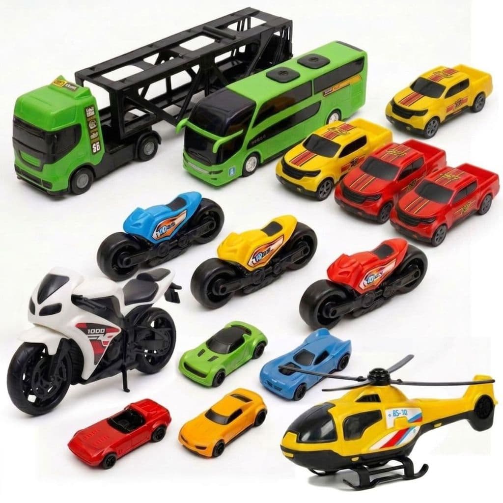 Kit Carrinhos Presente pra Meninos Caminhão Cegonha com Picapes Ônibus Motos Brinquedo Miniatura Infantil