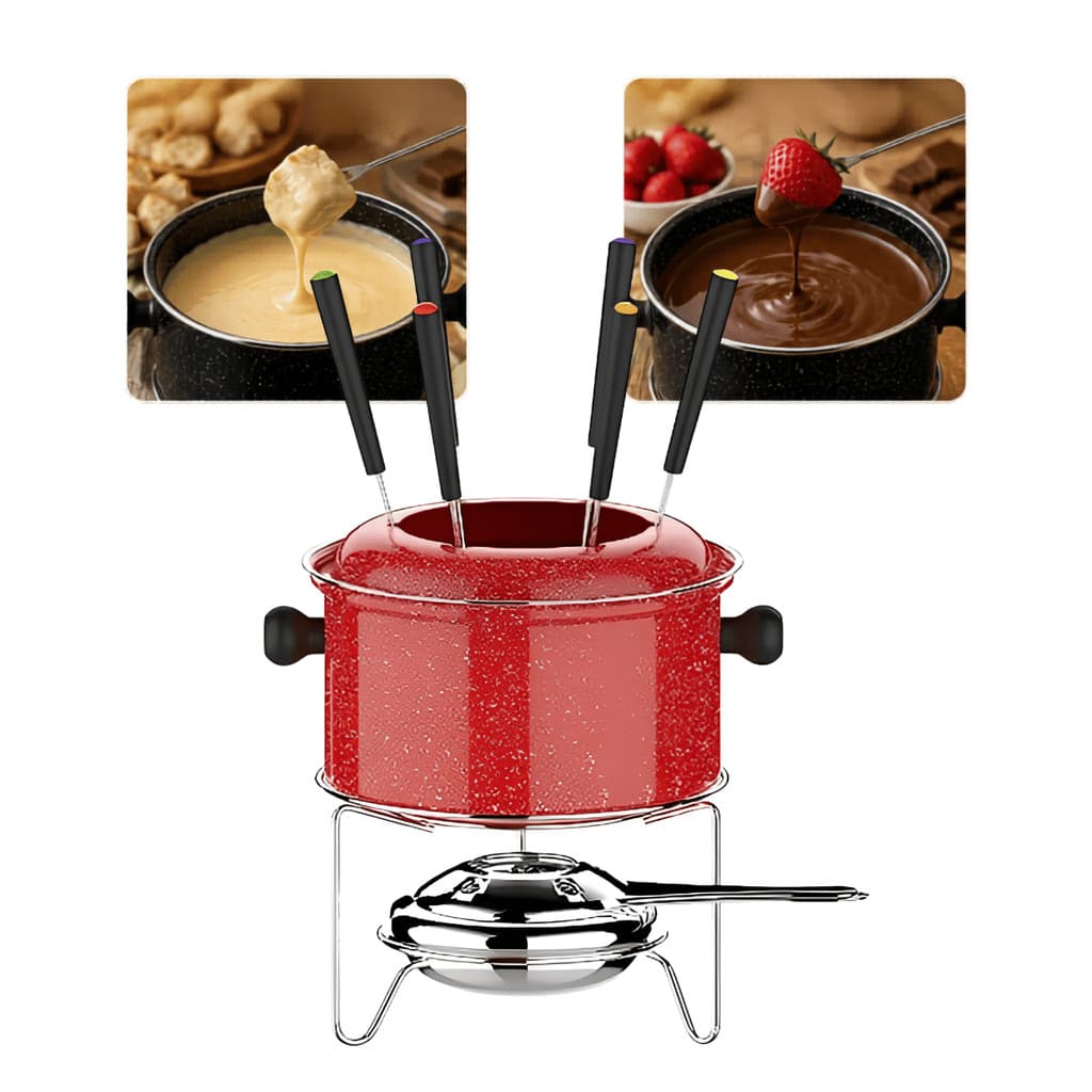 Aparelho de Fondue 10 Peças Aço Inox com Garfinhos e Rechaud Queimador Para Queijo e Chocolate