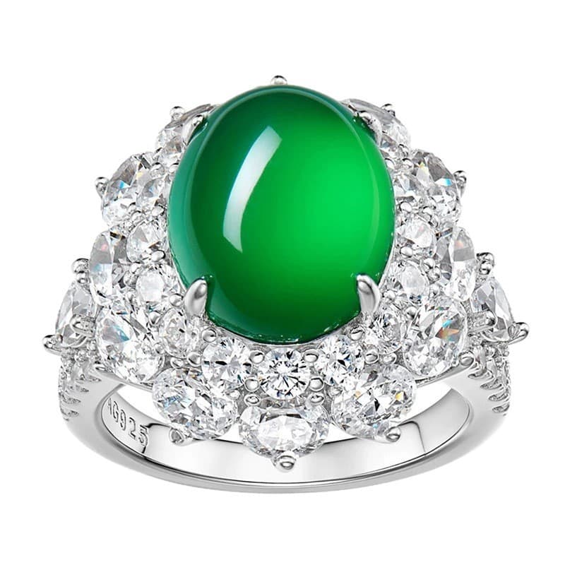 Anel de calcedônia natural para mulheres, comparável à jadeíte, incrustado com um novo anel de cabochão verde de estilo
