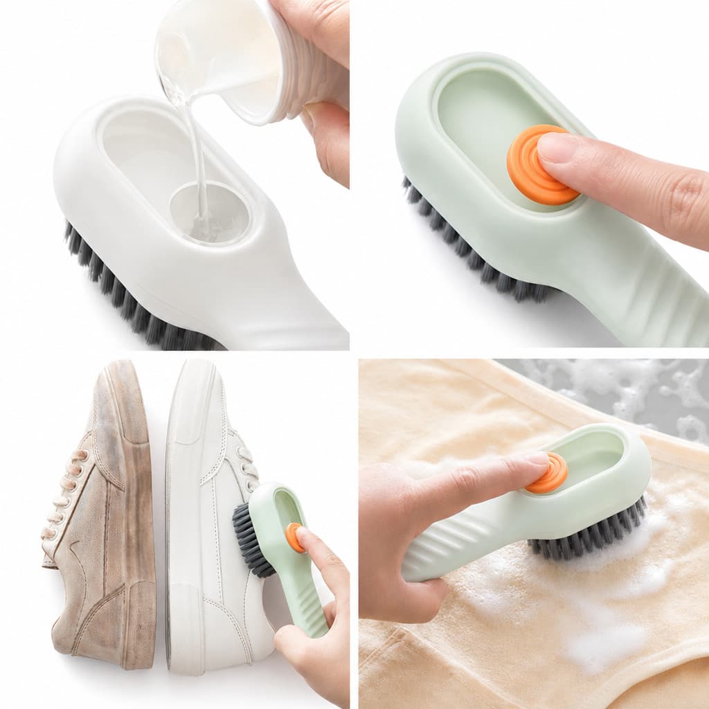 Escova Limpa Tênis Sapato Roupa Com Dispenser Sabão Líquido Multiuso
