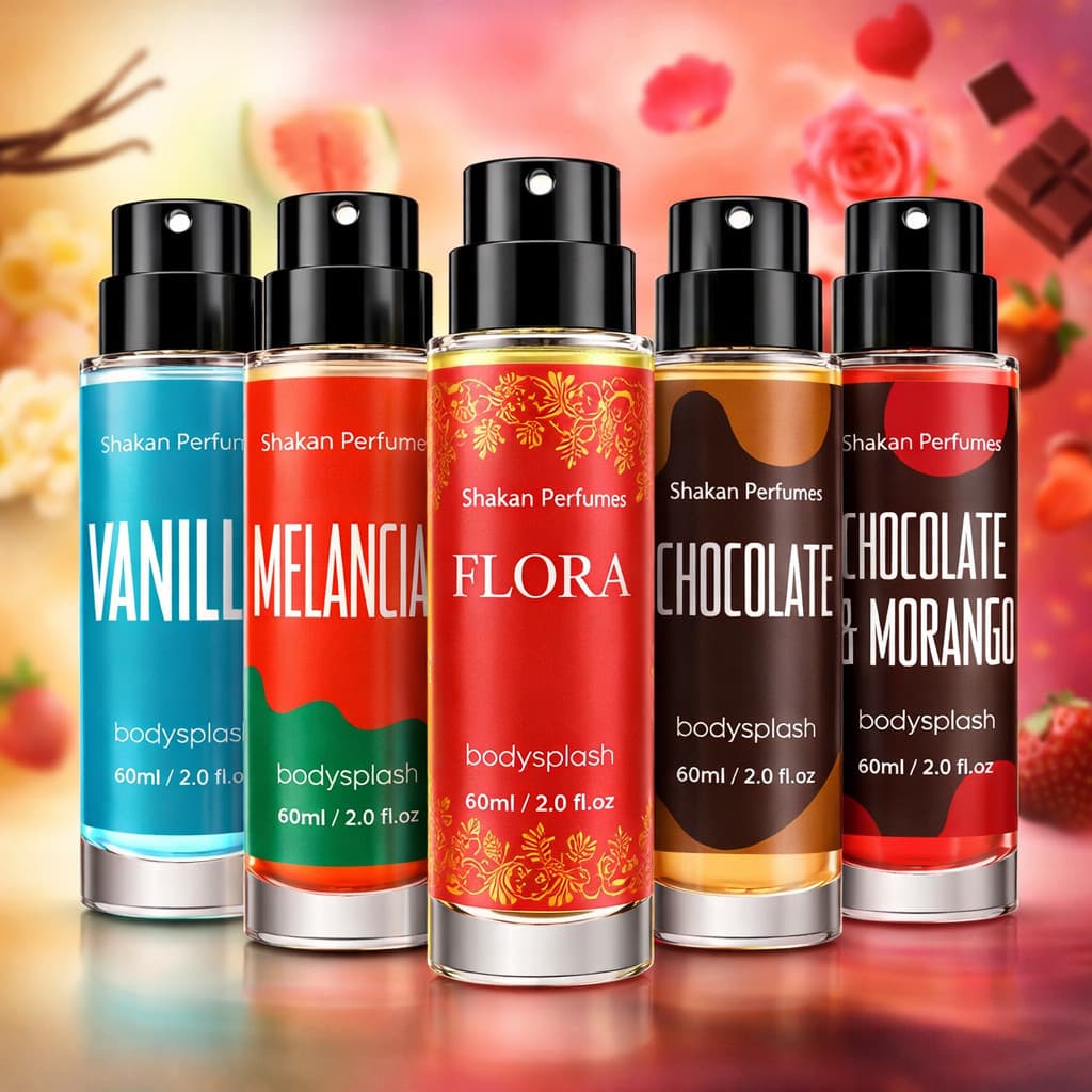 Kit 5 Body Splash Fragancias refrescantes Vanilla, Melancia, Flora, Chocolate, Chocolate (60 ml cada)