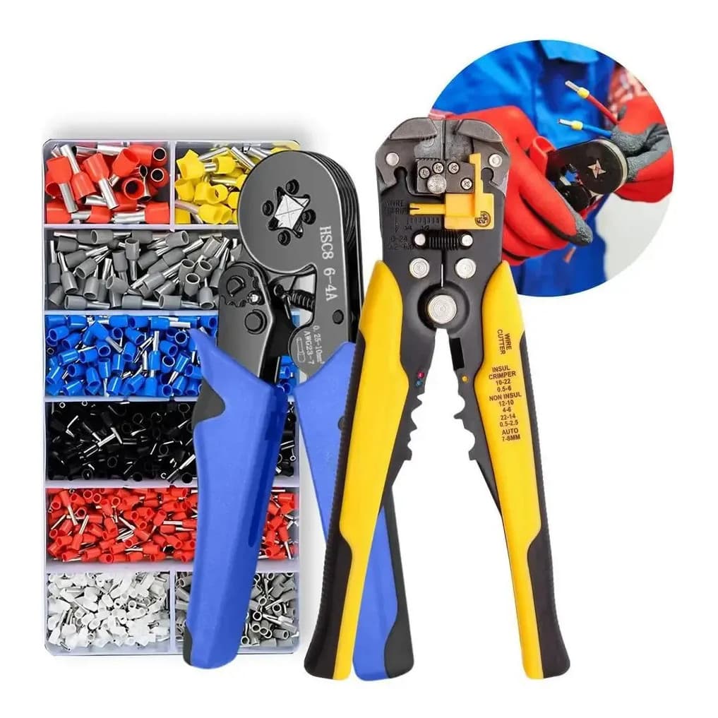 2x Alicate Crimpar + Descascador + Terminais Ilhós 0,25 A 1
