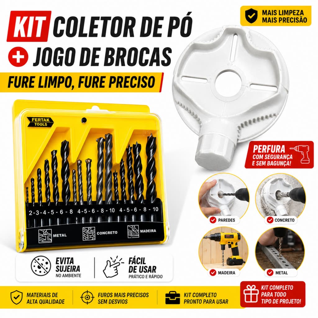Kit Jogo de Brocas 16 Peças Fertak Metal Concreto Madeira+ Coletor de Pó Furadeira Broca Sem Sujeira