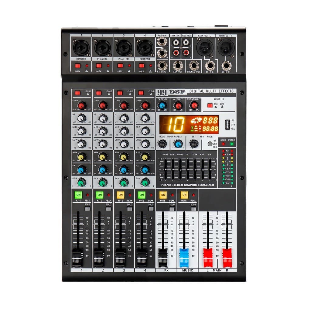Mesa de Som Profissional 4 Canais Bluetooth USB Mixer de Áudio 99 Efeitos DSP Equalizador Som
