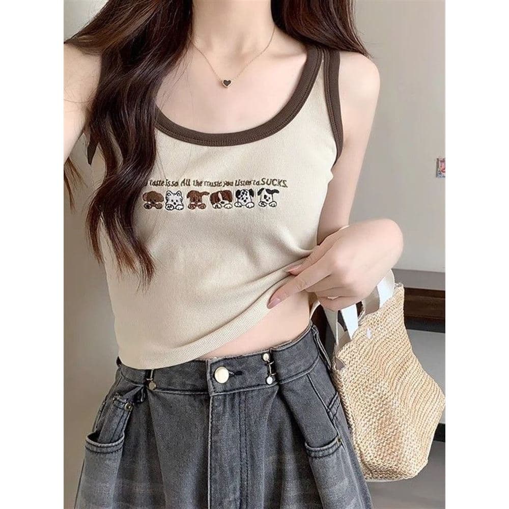 Americano Retro camisola feminina primavera Design contraste cor bordado estilo curto quente menina Bottoming topo