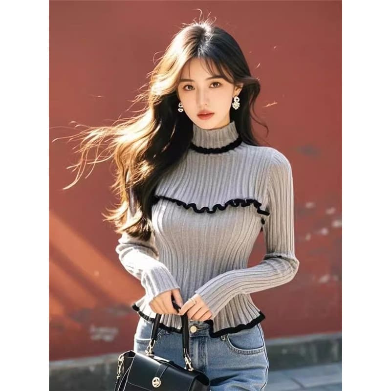 Outono inverno costura única babados fino ajuste camisa de fundo de malha Design feminino cinza gola alta manga longa Be