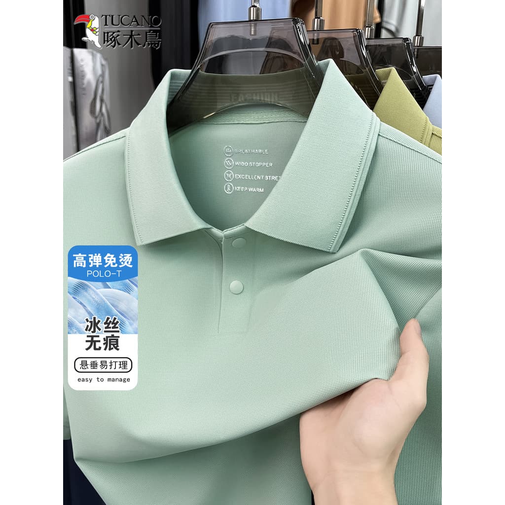 Woodpecker camiseta de manga curta gelo seda sem costura camisa POLO masculina 2026 verão novo estilo Casual lapela de m